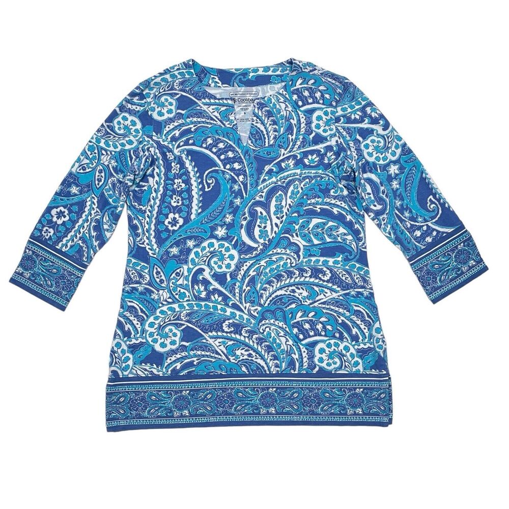 Coolibar St Lucia Tunic Top Size Small Blue Paisley‎ UV Protection V Neck Resort